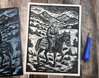 PACKHORSE - Original Hand Carved Packhorse Librarian Linocut Print - Appalachian Art - 11”x14”