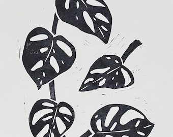 VINE & VOID - Original Hand-Carved Monstera Adansonii Linoleum Block Print - Monstera Art 11”x14”