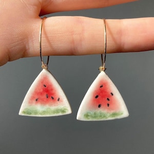 Watermelon porcelain earrings in a triangular shape, available with bar or ring setting, summer earrings, hand-painted unique jewelry