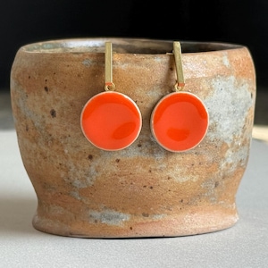 Red-orange DOT earrings, circle earrings made of ceramic / golden drop earrings, bar earrings, handmade, hand-painted, unique jewelry