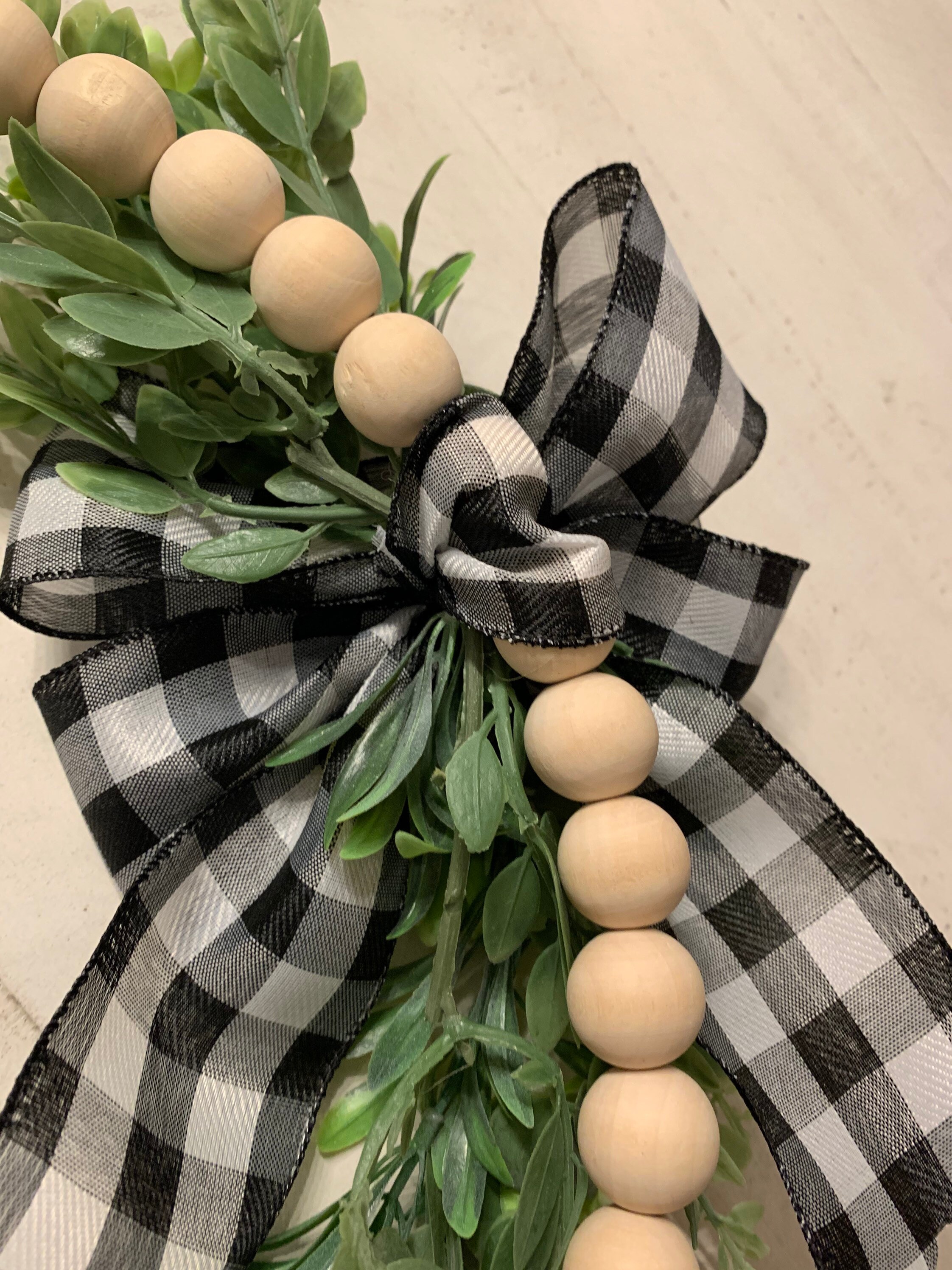 Wooden Bead 14 Wreath with greenery and black and white Etsy