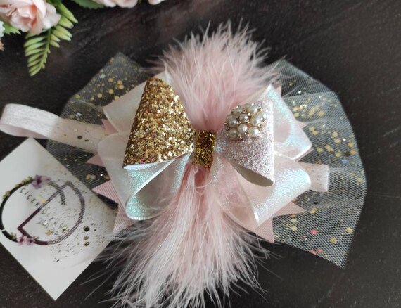 Glitter Baby Headband: Gold Crown, Feather & Tulle Bow - Etsy