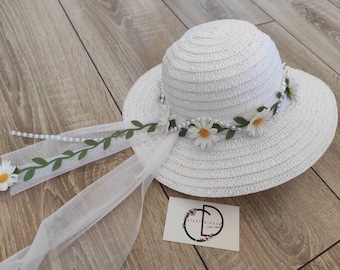 White Baby Straw Hat, Daisy Tea Party Hat, Floral Toddler Girl Hat, Adult Bow Summer Hat, Chamomile Sun Hat, Kids Birthday Gift, Photo Shoot