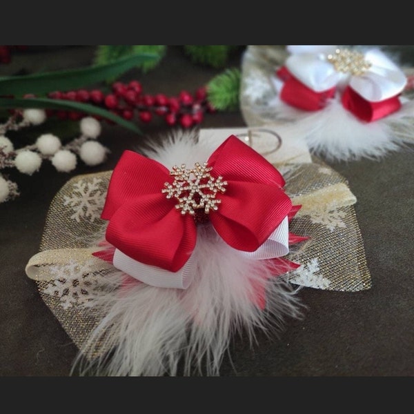 Christmas Red Snowflake Headband, Gold Rhinestone Baby Bow, White Hair Clip Girl, Feather Hairpiece Toddler, Fancy Holiday Crown, Photo Prop