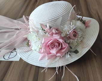 Linen Hat With Embellishing Details Big Rose With Lace Bow Victorian Bonnet, Pink Beige Green, With Flowers and Ribbons  main image 4