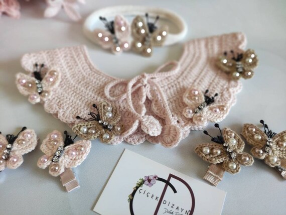 Crochet Butterfly Collar & Bee Headband Set: Powder Pink 