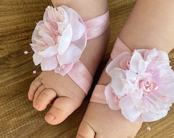 Baby Barefoot Sandal Headband Set, Floral Toddler Foot Band, Pink Baby Girl Shoes, Newborn Photo Prop, Birthday Hair Band, Cake Smash Shoe