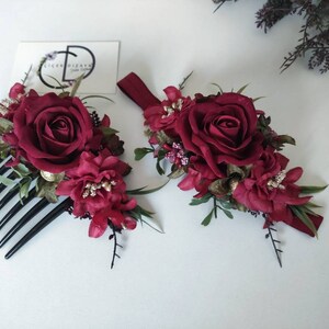 Dark Red Valentines Day Headband, Crimson Wedding Headpiece, Holiday Flower Comb Bride, Mommy Me Crown, Claret Red Hair Piece, Floral Rose image 3