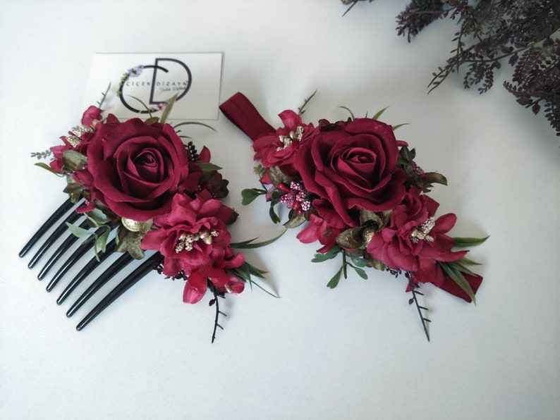 Dark Red Valentines Day Headband, Crimson Wedding Headpiece, Holiday Flower Comb Bride, Mommy Me Crown, Claret Red Hair Piece, Floral Rose image 3