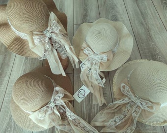 Cream Lace Bow Straw Hat: Baby Toddler Sun Cap