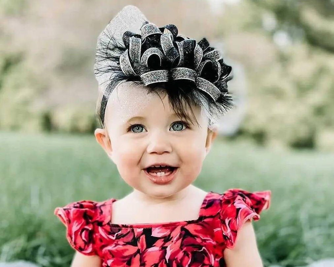 Black Halloween Baby Headband: Sparkly Feather & Silver