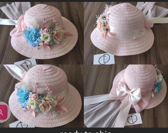 Easter Bonnet Flower Girl, Floral Tea Party Straw Hat, White Easter Bonnet Flower Girl, Floral Tea Party Straw Hat, White
