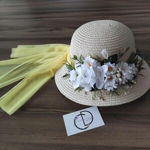 Daisy Straw Sun Hat: Cream Floral Hat with Yellow Bow image 11
