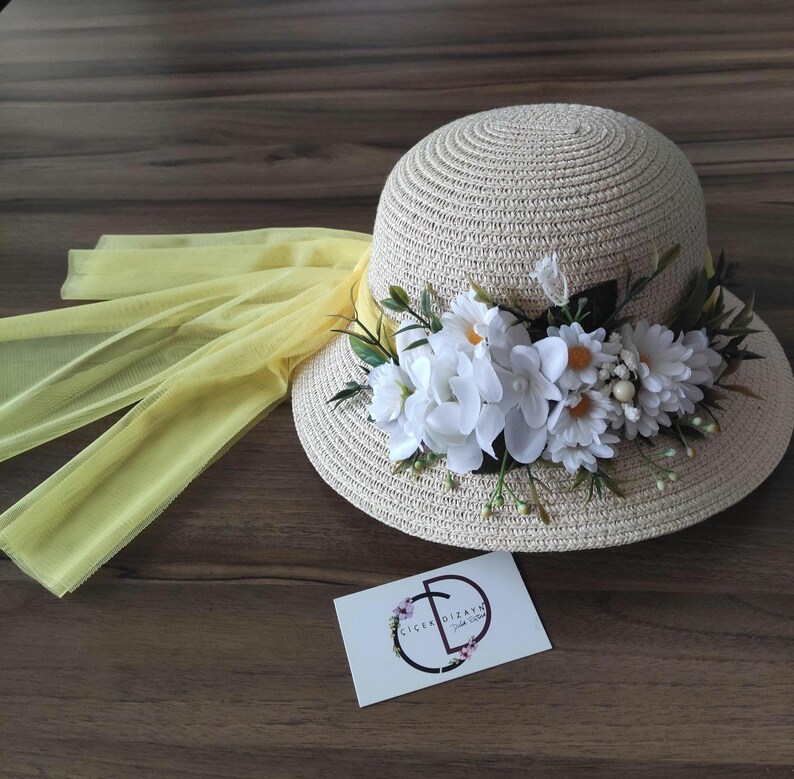 Daisy Straw Sun Hat: Cream Floral Hat with Yellow Bow image 11