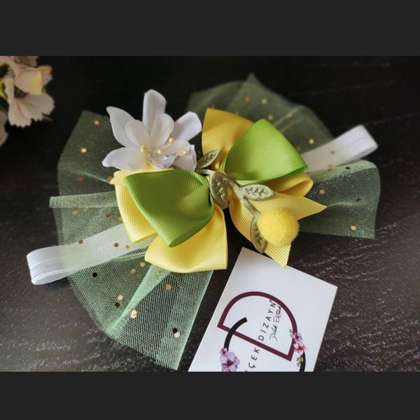 Fascia per capelli limone, fermaglio per capelli giallo per bambini, copricapo per ragazza verde, barretta per bambina, fiocco per capelli in tulle, regalo di compleanno per bambini, servizio fotografico