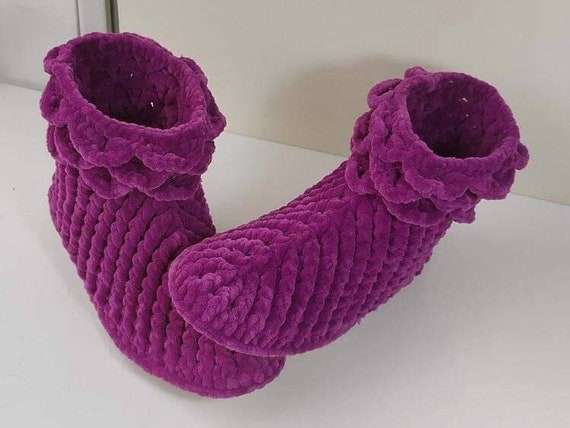 Velvet Knit Boots Women, Booties for Valentines Day, Mothers Day Gift, Fuschia Crochet Girl Sock, Winter Adult Shoe, Warm Soft House Slipper