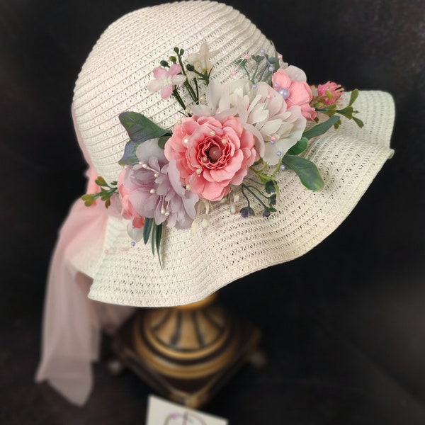 Personalization White Flower Girl Easter Hat, Floral Straw Hat Toddler, Tea Party Hat Photo Prop, Wedding Baby Bonnet, Boho Derby Bucket Hat