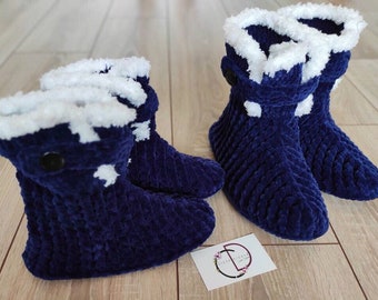 Velvet Crochet Booties: Navy Blue Knit House Slippers