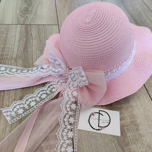Pink Lace Bow Straw Hat: Girl's Floppy Sun Cap