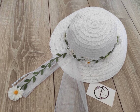 White daisy wrapped straw hat Vintage Floral Daisy Straw Boater Hat, Easter Bonnet Hat  main image 4