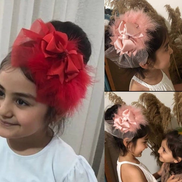 Fascia per capelli con piume rosa, fiocco fantasia per bambini bianchi, grande fermaglio per capelli di compleanno per ragazza, regalo per baby shower, copricapo in tulle neonato, servizio fotografico