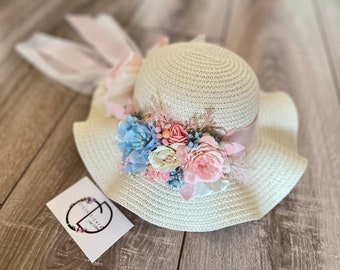 Flower Tea Party Straw Hat, Easter White Floppy Hat, Pink Floral Girl Bonnet, Derby Hat Kid, Occasion Wedding Toddler Bonnet, Spring Sun Cap