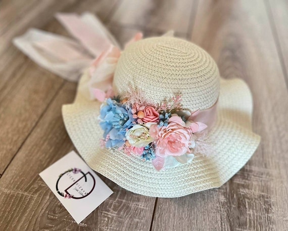 Flower Tea Party Straw Hat, Easter White Floppy Hat, Pink Flower Tea Party Straw Hat, Easter White Floppy Hat, Pink