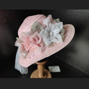 Floral Pink Straw Hat: Handcrafted Tea Party Bonnet (2-5 Years)