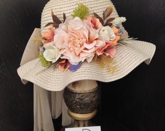 Floral Straw Bonnet: Boho Tea Party Hat, Easter Flower Girl