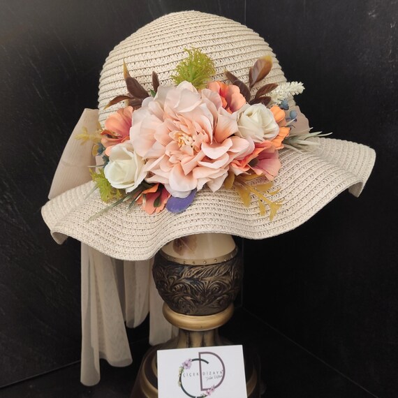 Vintage Pink Straw Sun Hat Wide Brim Floral Lace Ribbon Easter Garden Tea Party Pink Floral Straw Tea Party Hat: Easter Bonnet, Flower Girl  main image 4