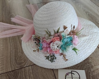 Floral White Straw Floppy Hat: Tea Party Girl Bonnet