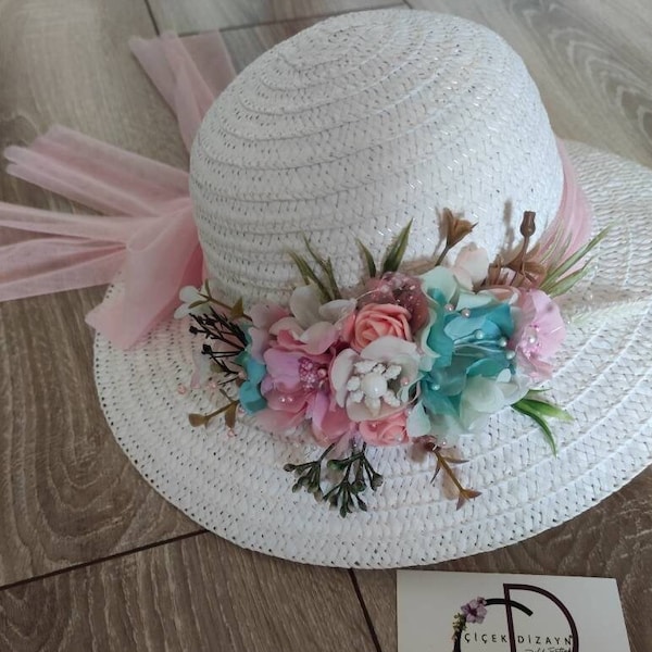 Flower Tea Party Floopy Hat, Easter White Straw Hat, Pink Floral Girl Bonnet, Occasion Wedding Toddler Bonnet, Fancy Spring Bucket Sun Cap
