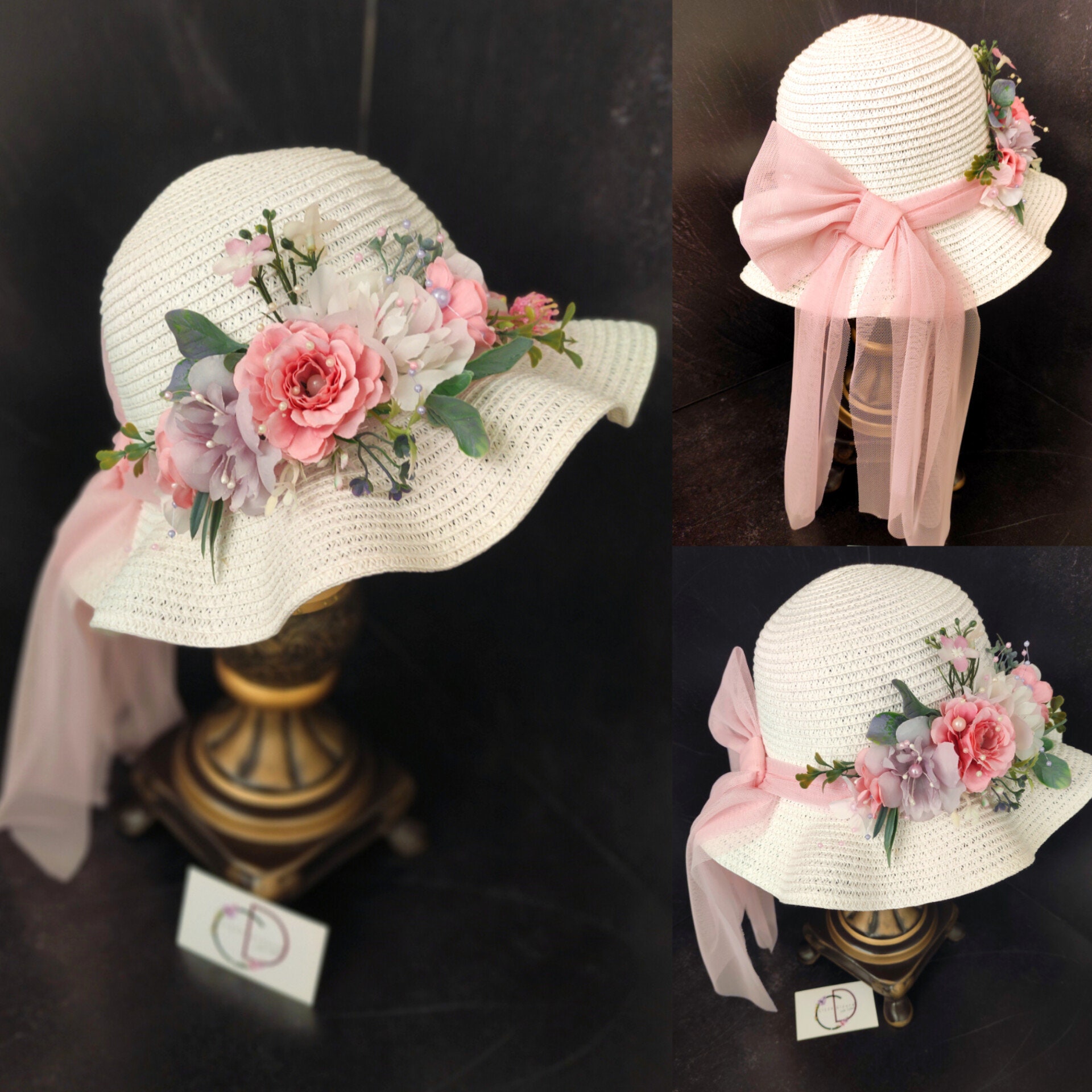 Pink Floral Straw Tea Party Hat: Boho Baby Bonnet - Etsy display picture 2