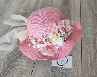 Flower Straw Hat Girls, Easter Floral Baby Hat, Summer Hat Little Girl, Fancy Toddler Sun Hat, Light Salmon Pink Bonnet, Birthday Gift Kids