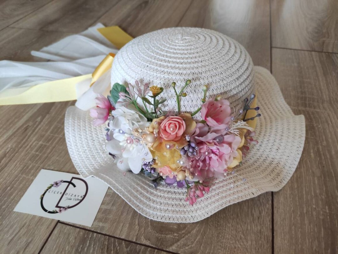Floral Straw Floppy Hat: Boho Tea Party Bonnet - Etsy display picture 3