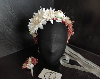 Preserved Babys Breath Bridal Crown: Floral Tie Back Headpiece