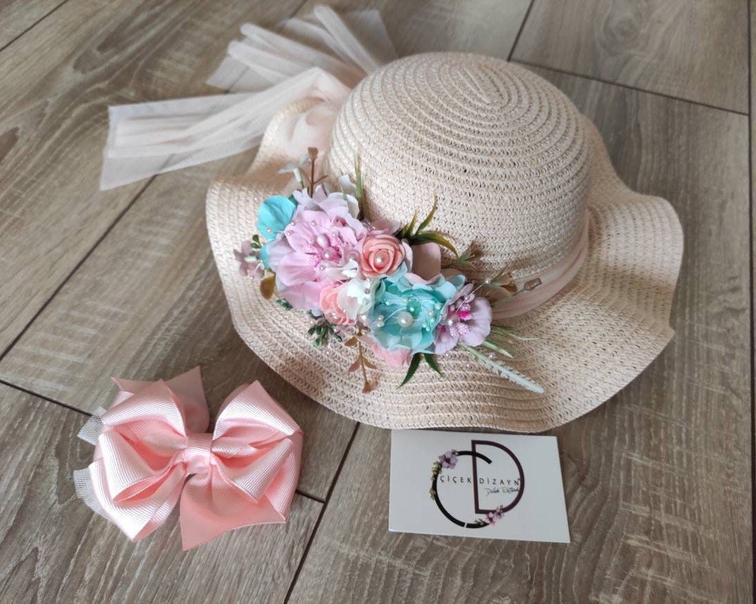 Floral Tea Party Straw Hat: Boho Toddler Sun Bonnet - Etsy display picture 3