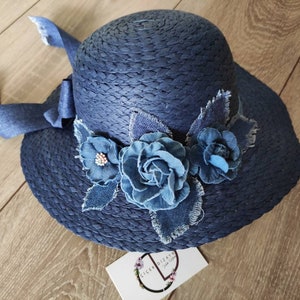 Dark Blue Straw Hat, Denim Flower Hat Girls, Floral Little Girl Bonnet, Summer Hat Kids, Fancy Easter Sun Hat, Children Gift, Photo Shoot