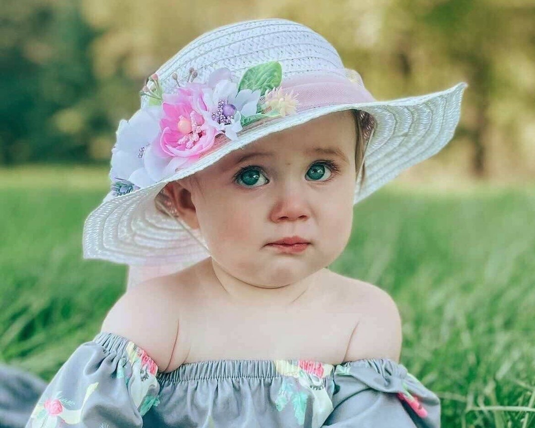 Floral White Straw Sun Hat: Baby Toddler Lilac Flower Holiday Cap - Main Image