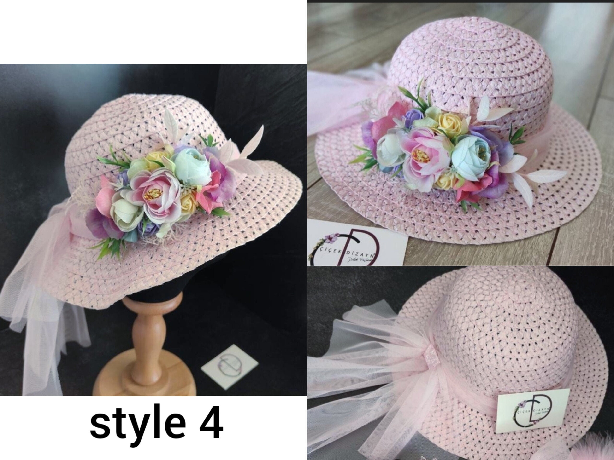 Pink Floral Straw Tea Party Hat: Easter Bonnet, Flower Girl  display picture 1