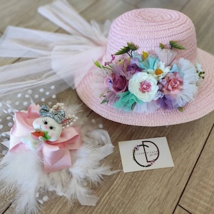 Pink Tea Party Floral Hat, Easter Bunny Straw Hat, Tulle Flower Girl Bonnet, Occasion Toddler Floppy Hat, Fancy Spring Sun Cap, Rabbit Clip