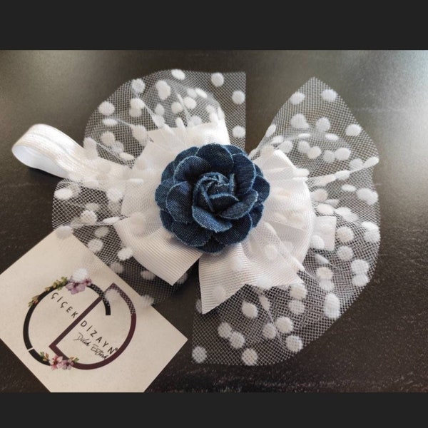 Cerchietto per capelli con fiori in denim, fiocco floreale per bambini in jeans, fiocco per capelli blu scuro per ragazza, fermaglio per capelli Jean Kids, corona in tulle bianco, copricapo di compleanno