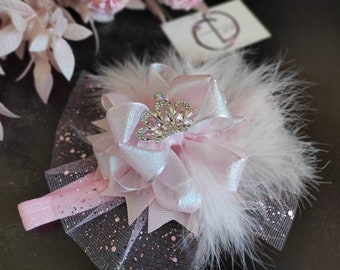 Pink Crystal Tiara Headband, Princess Crown Hair Bow, Baby Girl Headbow, Toddler Birthday Headband, Feather Tulle Chic Clip, Photo Shoot Bow