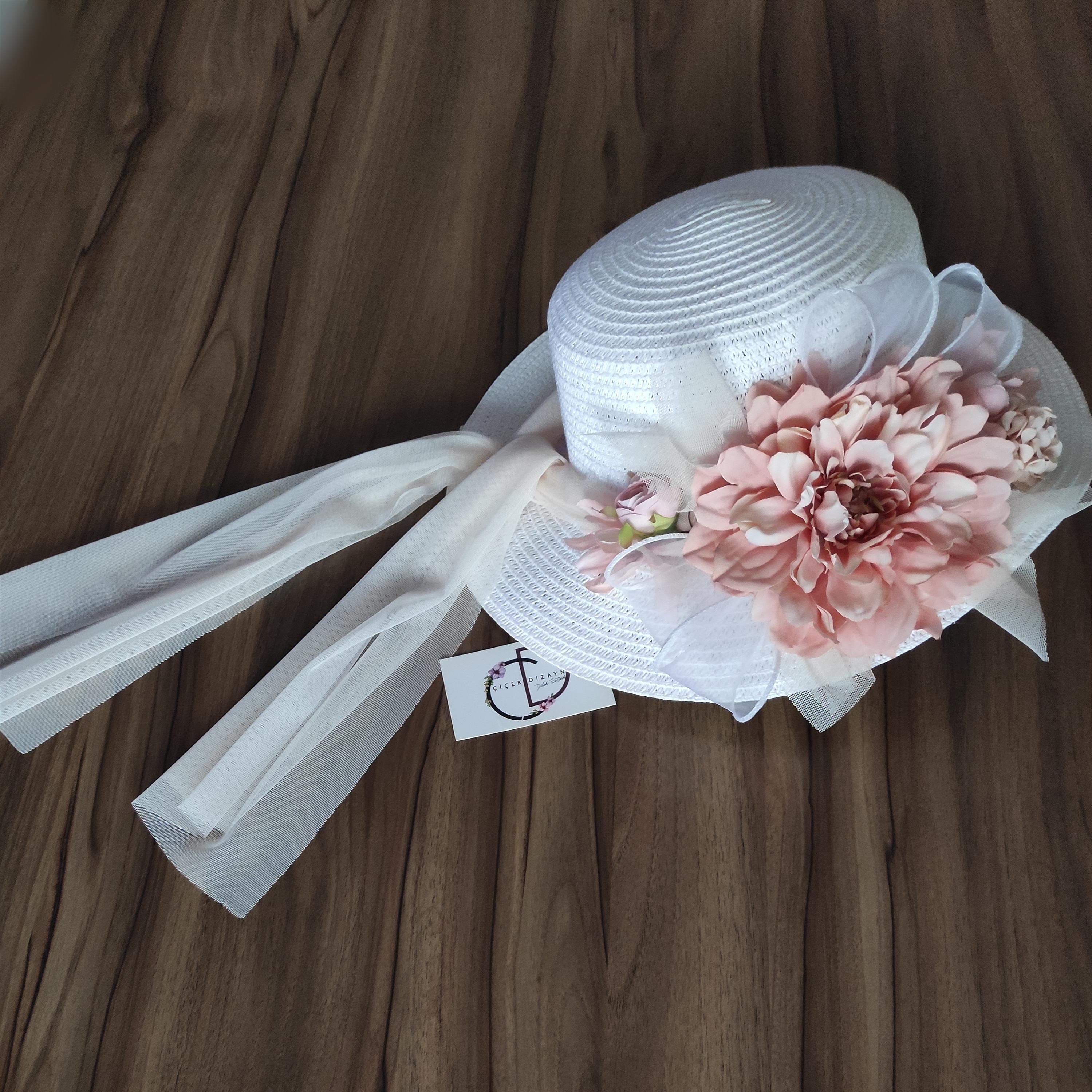 ? Vintage White Straw w/bow & flowers $70 Floral Derby Hat: White Flower Tea Party Hat, Bride Photo  main image 4