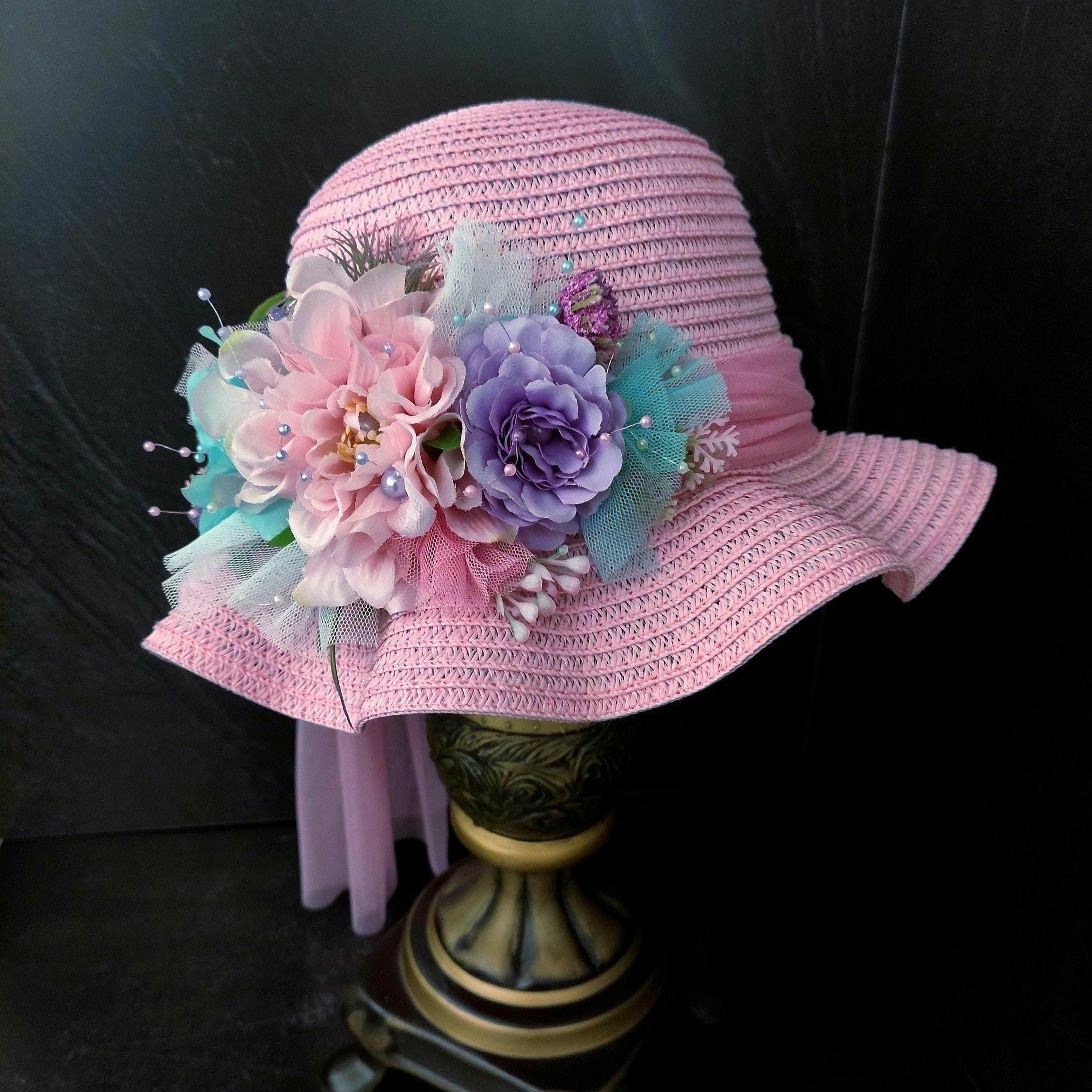 Pink Floral Straw Tea Party Hat: Boho Baby Bonnet - Etsy display picture 1