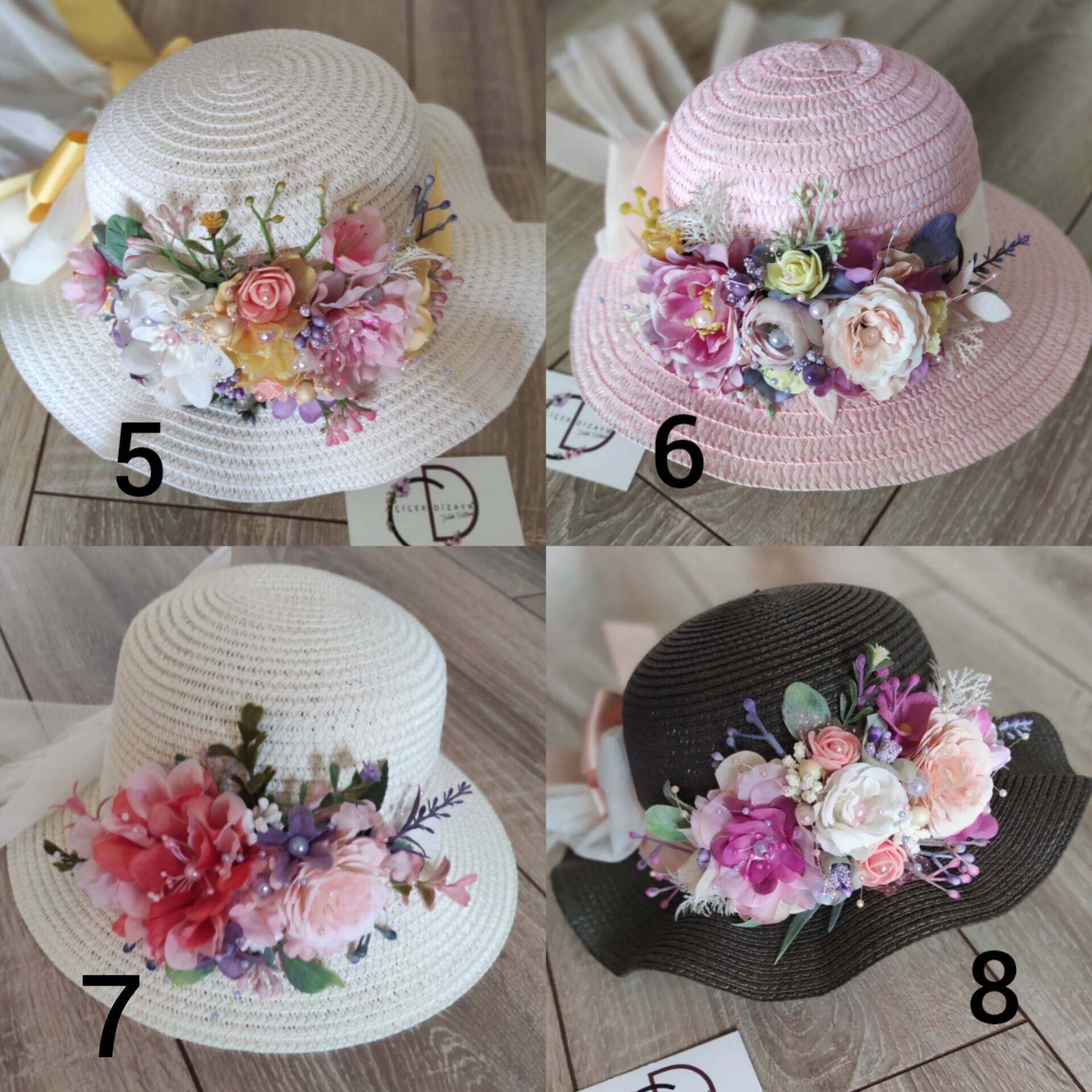 Pink boho hippie tea party straw hat w flowers ? 8 Pcs Tea Party Hat Bulk for Women Flower Lace Ribbon Wide  main image 4