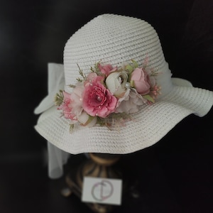Floral Easter Bonnet: White Straw Hat, Pink Lilac Flowers