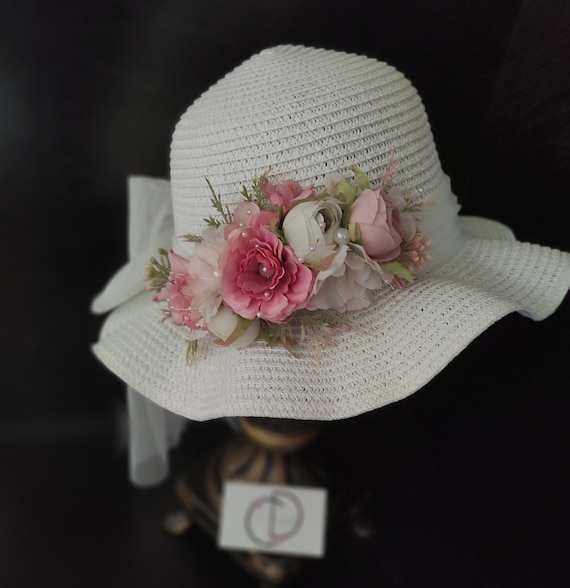 Easter Bonnet Flower Girl, Floral Tea Party Straw Hat, White
