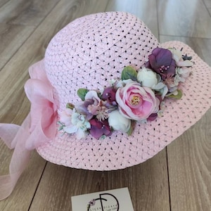 Flower Tea Party Hat Girls, Pink Easter Floral Straw Hat, Summer Bow Hat Little Girl, Fancy Toddler Sun Hat, Derby Chic Hat, Spring Gift Kid