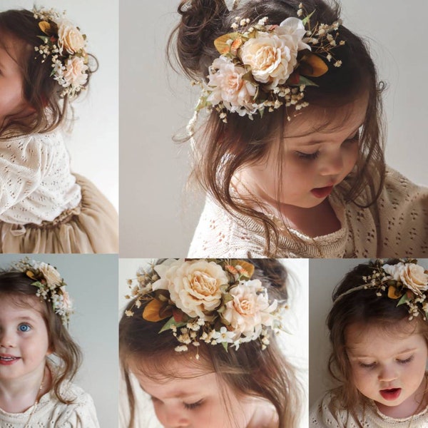 Bandeau à fleurs maman et moi, couronne de fleurs pour bébé, casque mère fille, diadème adulte vieux rose, embrasse d'anniversaire, séance photo de mariage